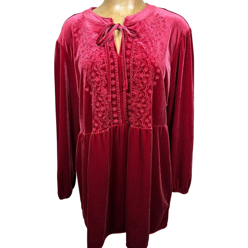 Pioneer Woman Red Velvet Embroidered Tunic Top XL‎ Boho Peasant